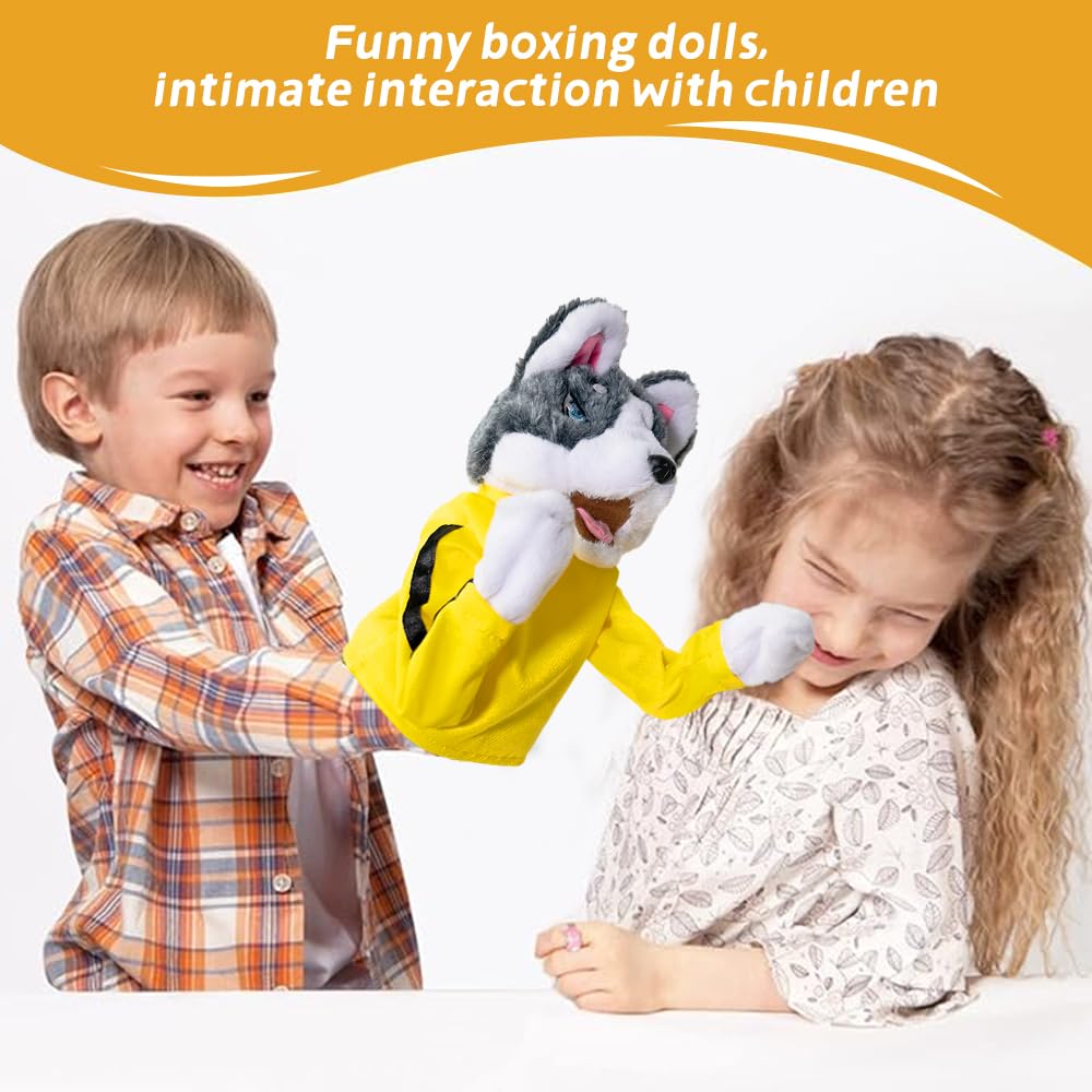 Husky boxing puppet held by children, yellow costume supports social play
