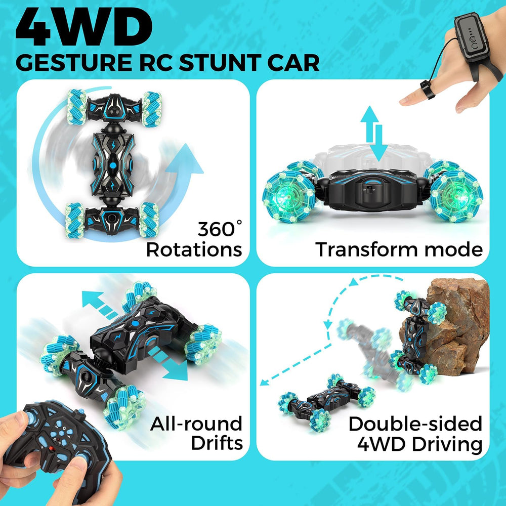 HuToYii gesture-sensing RC stunt car side view highlights 360° performance on varied surfaces