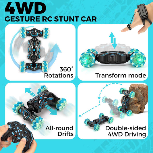 HuToYii gesture-sensing RC stunt car side view highlights 360° performance on varied surfaces