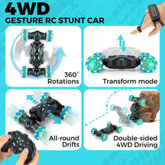 HuToYii gesture-sensing RC stunt car side view highlights 360° performance on varied surfaces