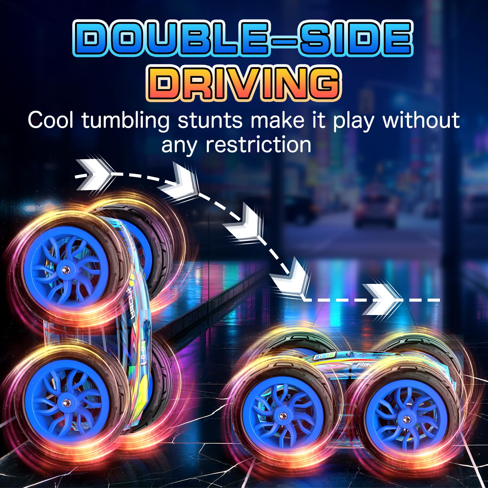 HuToYii LED-lit stunt car with synchronized lights for night fun.