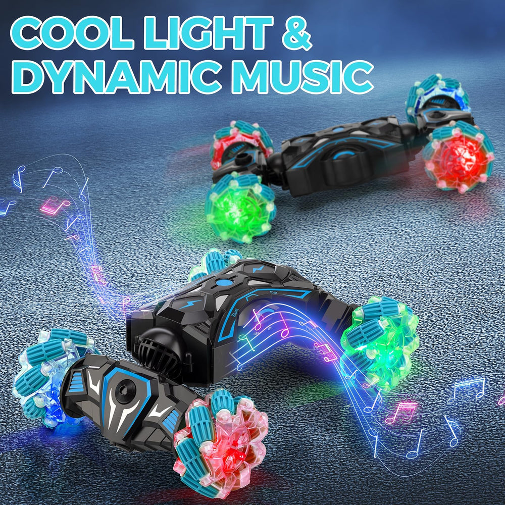 HuToYii RC stunt car lights, music, and demo mode create immersive play sessions