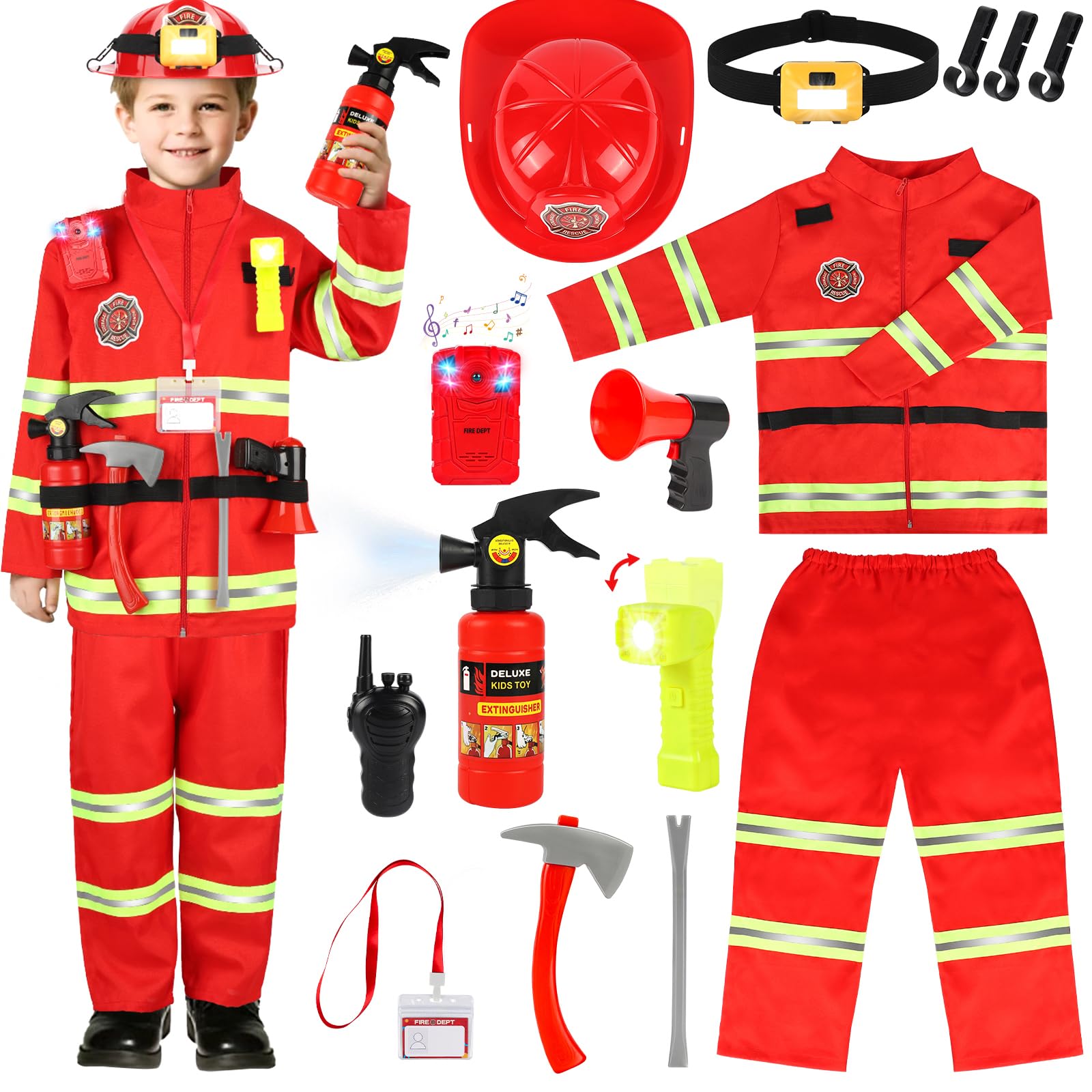 HUUIDY firefighter costume jacket and pants with reflective strips for durable pretend play.