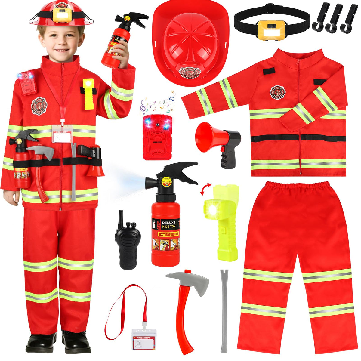 HUUIDY firefighter costume jacket and pants with reflective strips for durable pretend play.