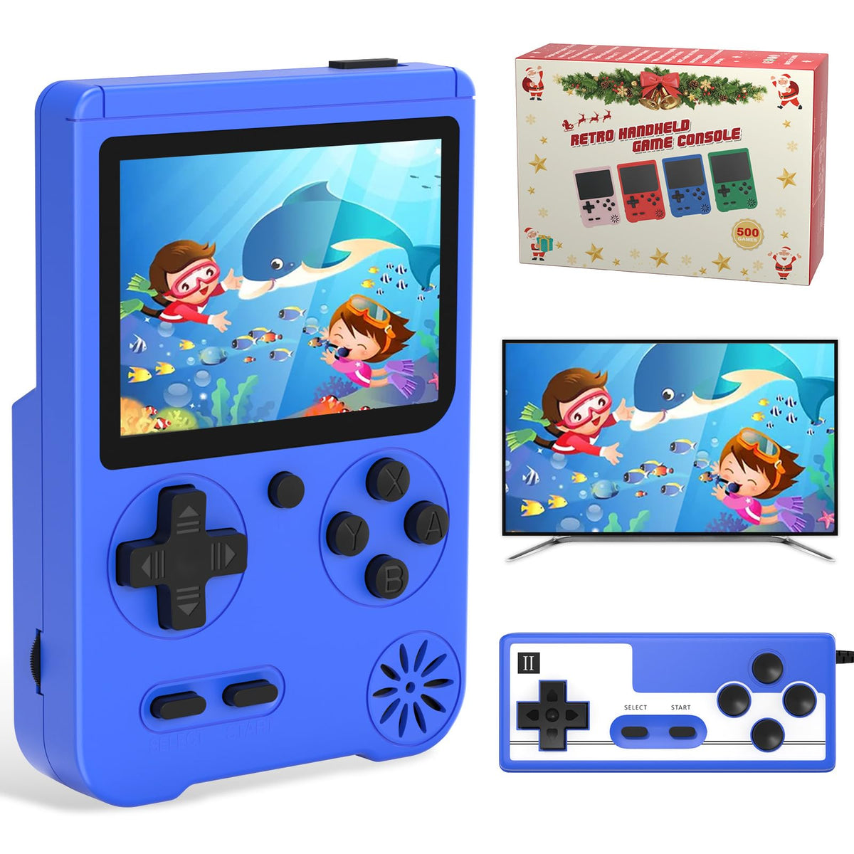 Huunad handheld FC game console front view showcasing 500 classic titles for quick nostalgia.