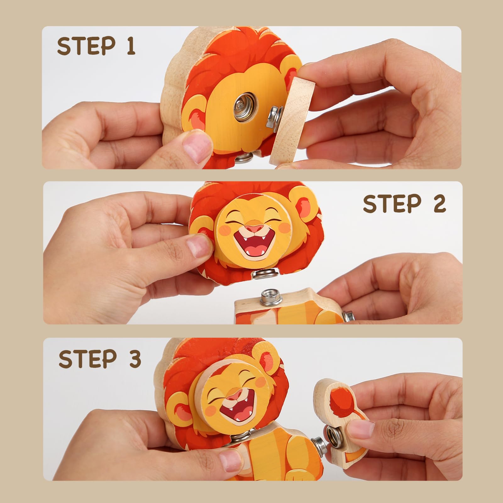 HUZU Animal Snap lion blocks invite adventurous play with expressive faces.