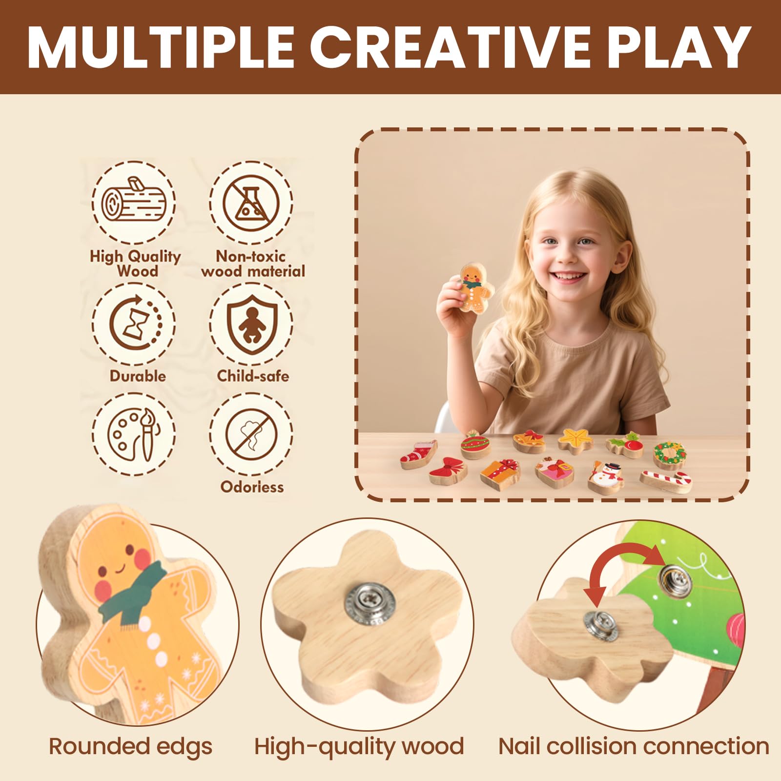 HUZU wooden ornaments showcase colorful designs for creative decorating.