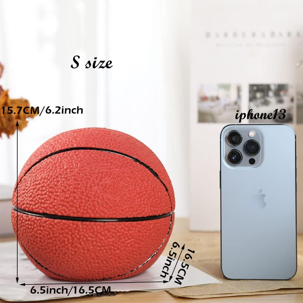H&W basketball piggy bank back view shows secure bottom plug for access