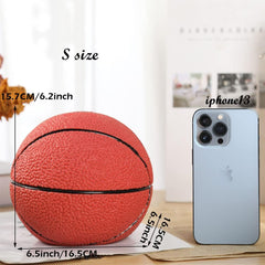 H&W basketball piggy bank back view shows secure bottom plug for access