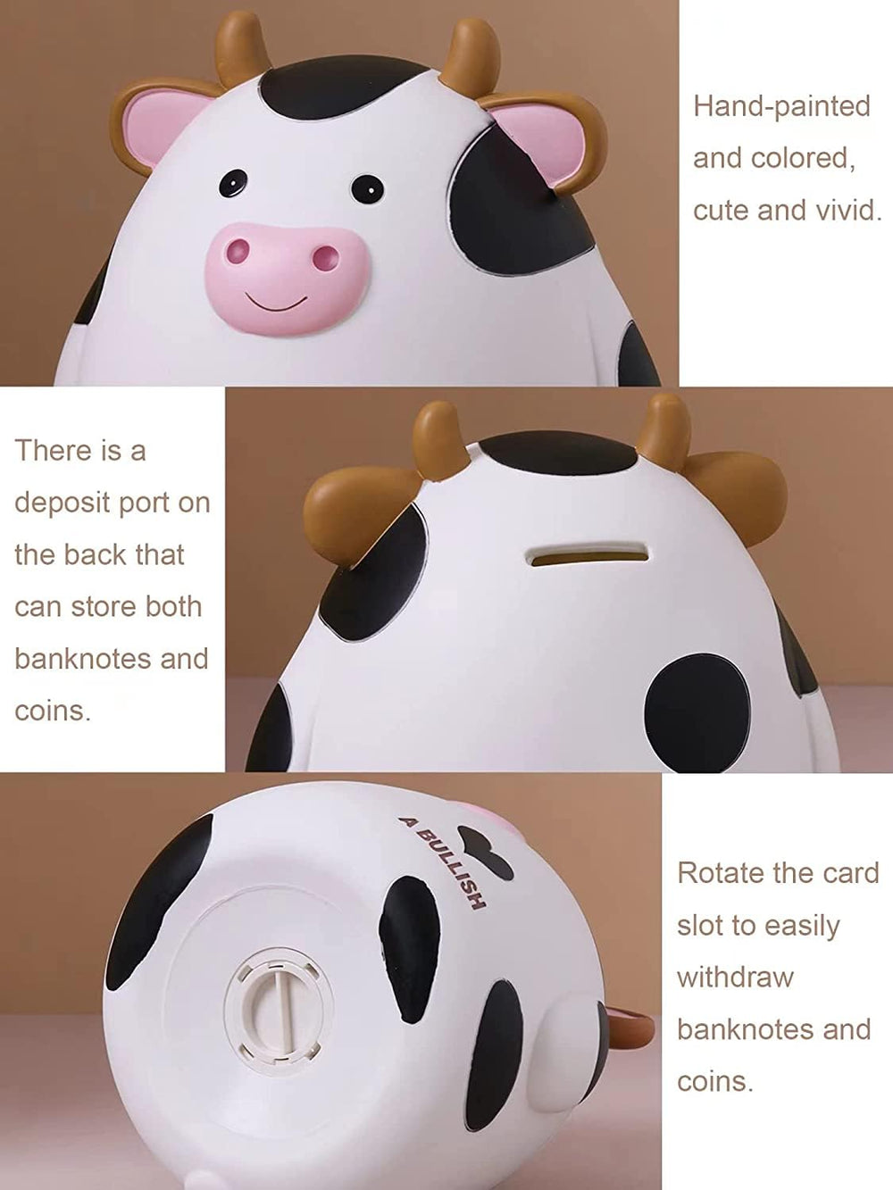 H&amp;W white cow piggy bank resting on a surface viewed from bottom