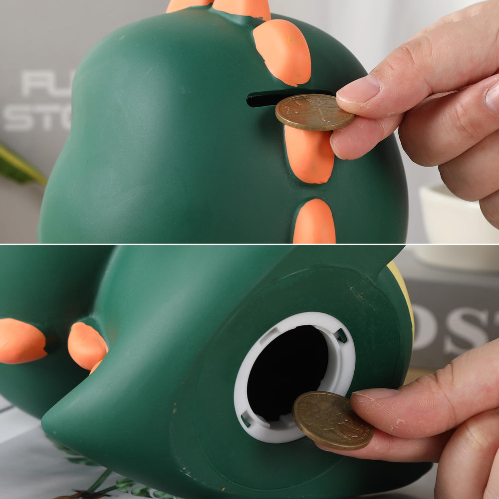 Children saving with the H&W dinosaur money bank