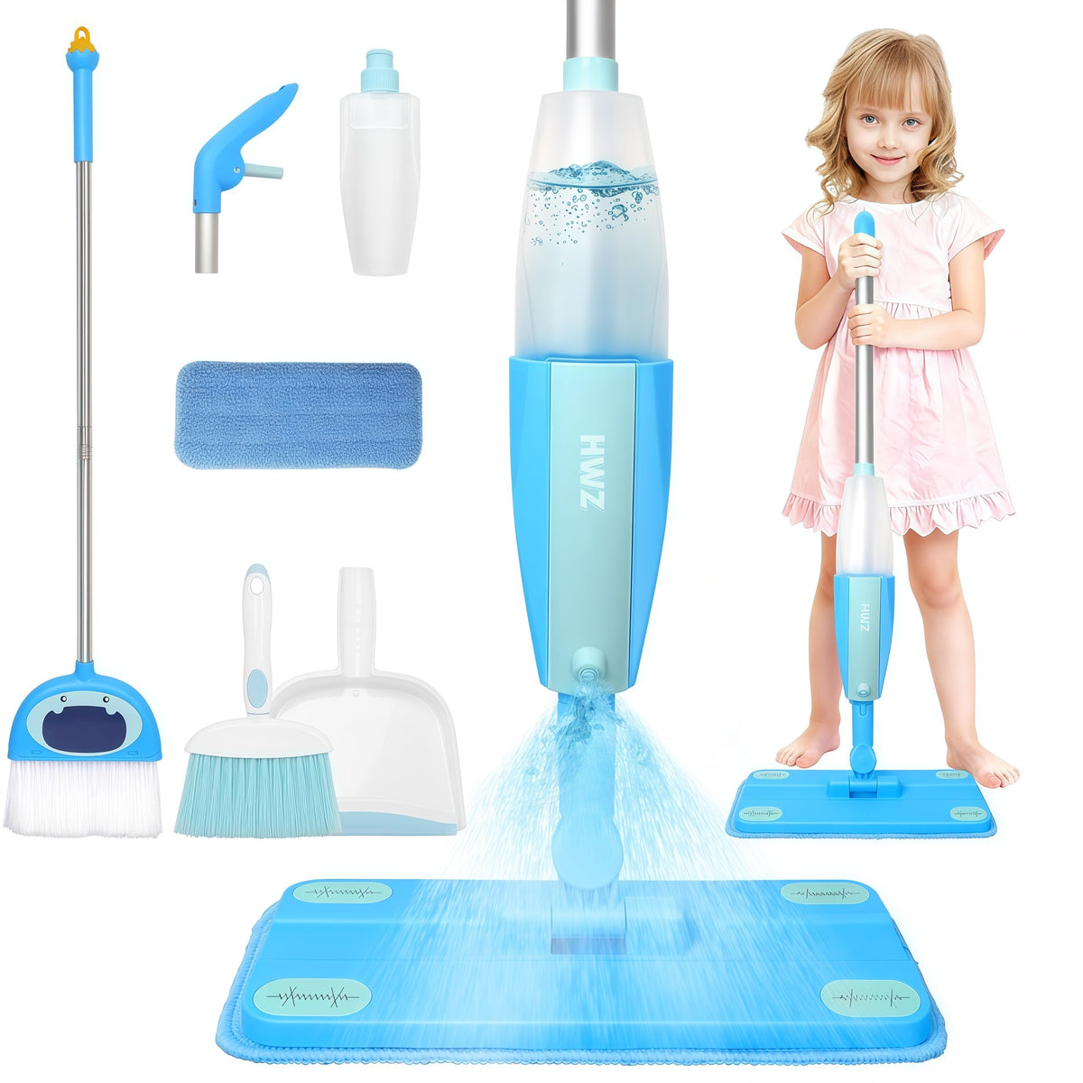 HWZ Kids Cleaning Set: mini spray mop photo, promotes pretend play and tidy habits.