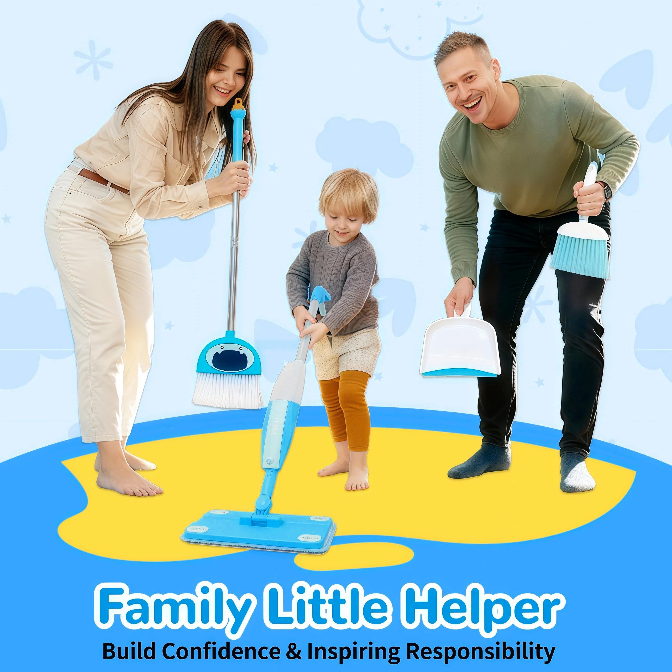 HWZ Kids Cleaning Set: rotate spray action photo, realistic feel for toddlers' cleaning fun.