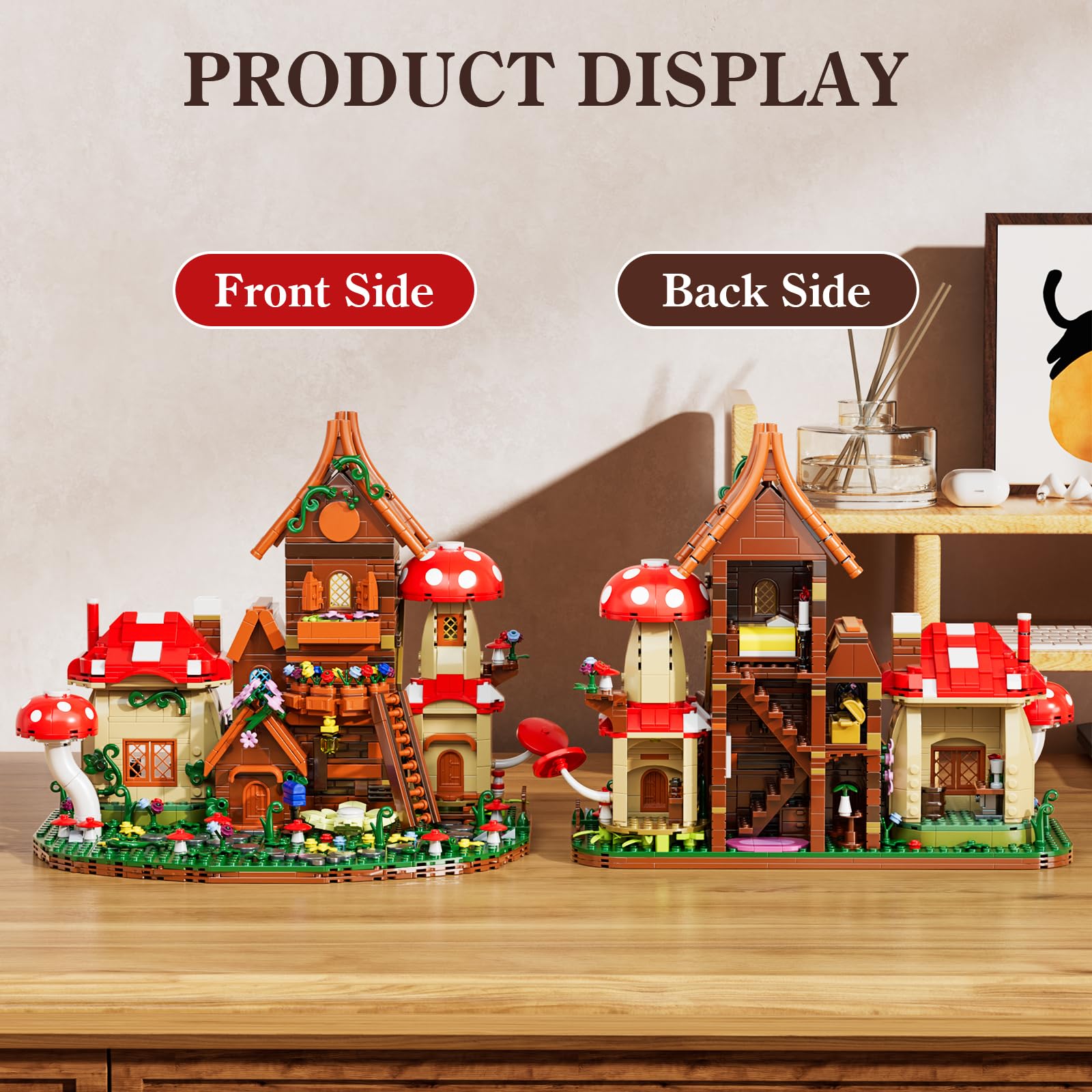 HXTTBD Forest Mushroom House includes mini furniture for cozy interior narratives.