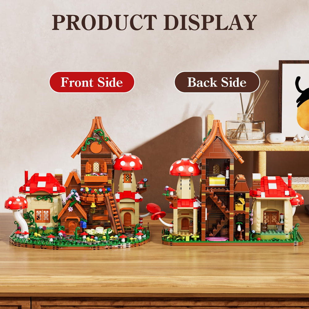 HXTTBD Forest Mushroom House includes mini furniture for cozy interior narratives.