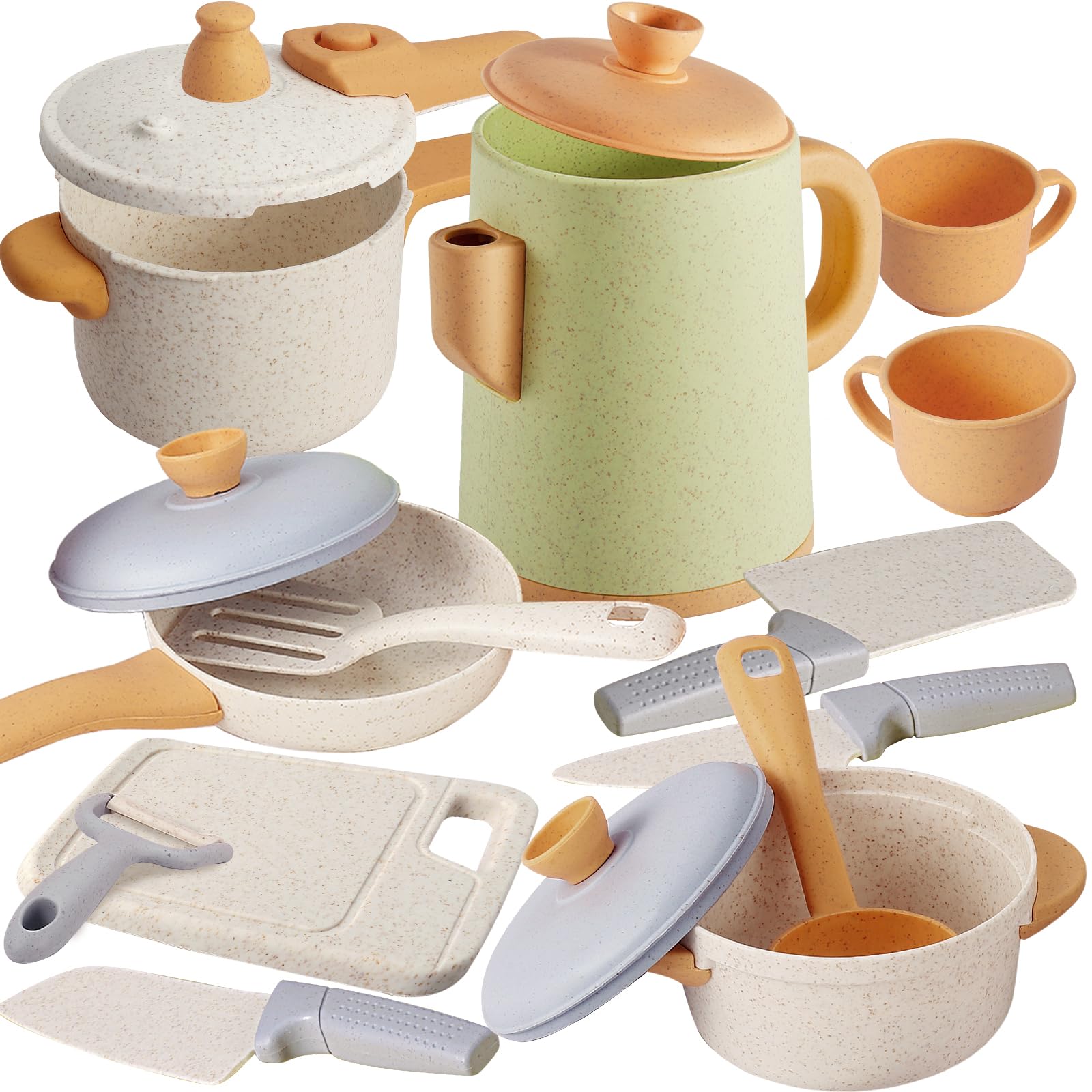 HYAKIDS play kitchen pots and pans set for kids, durable and safe for imaginative cooking.