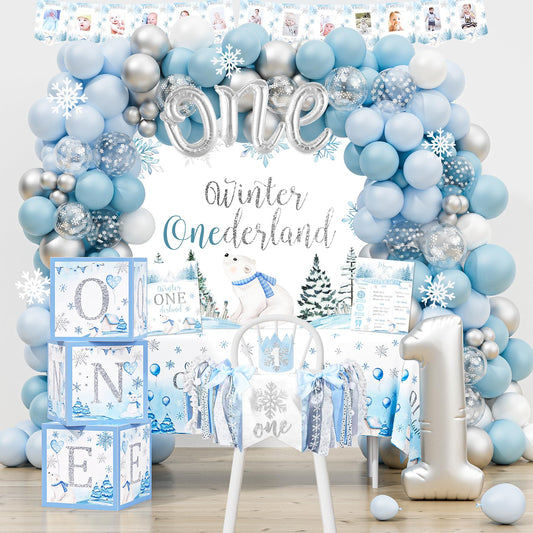 HYCSANBAO winter Onederland backdrop enhances photos with a dreamy blue-silver theme.