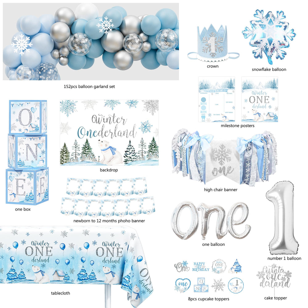 HYCSANBAO winter Onederland tablecloth creates a cohesive base for party styling.