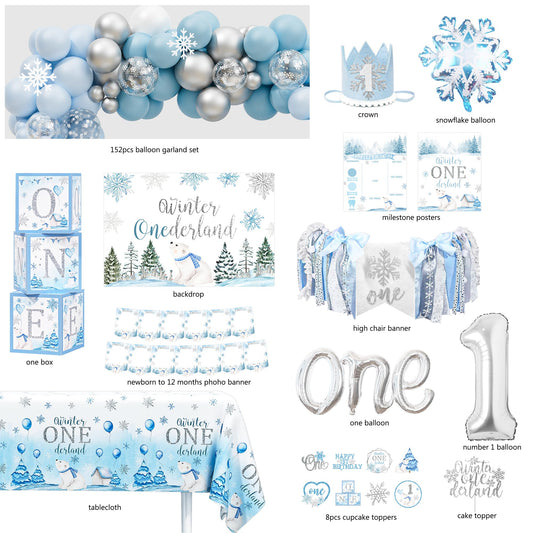 HYCSANBAO winter Onederland tablecloth creates a cohesive base for party styling.
