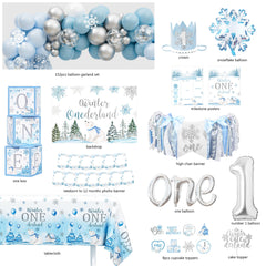 HYCSANBAO winter Onederland tablecloth creates a cohesive base for party styling.
