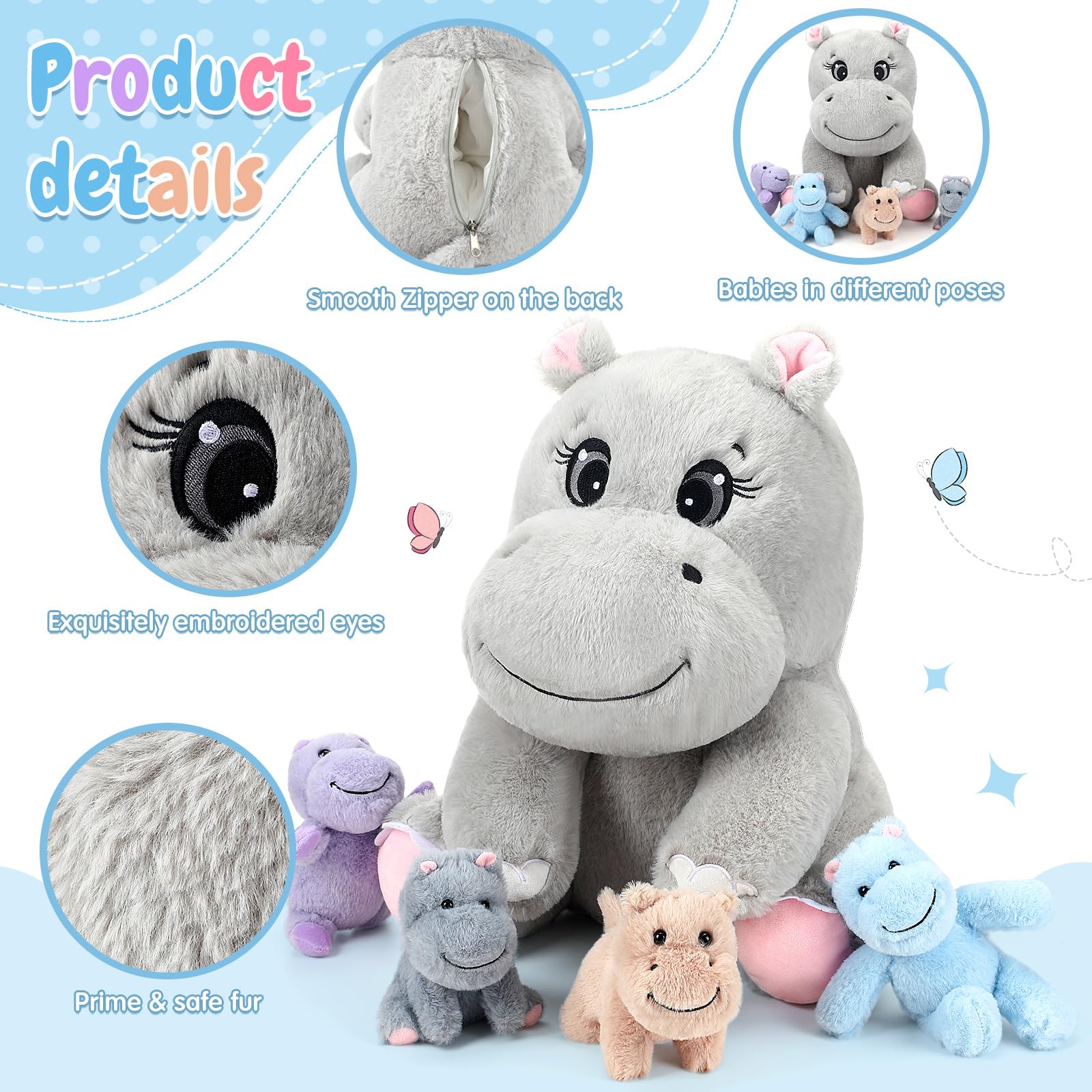 HyDren hippo plush back unzip reveals babies for discovery play.