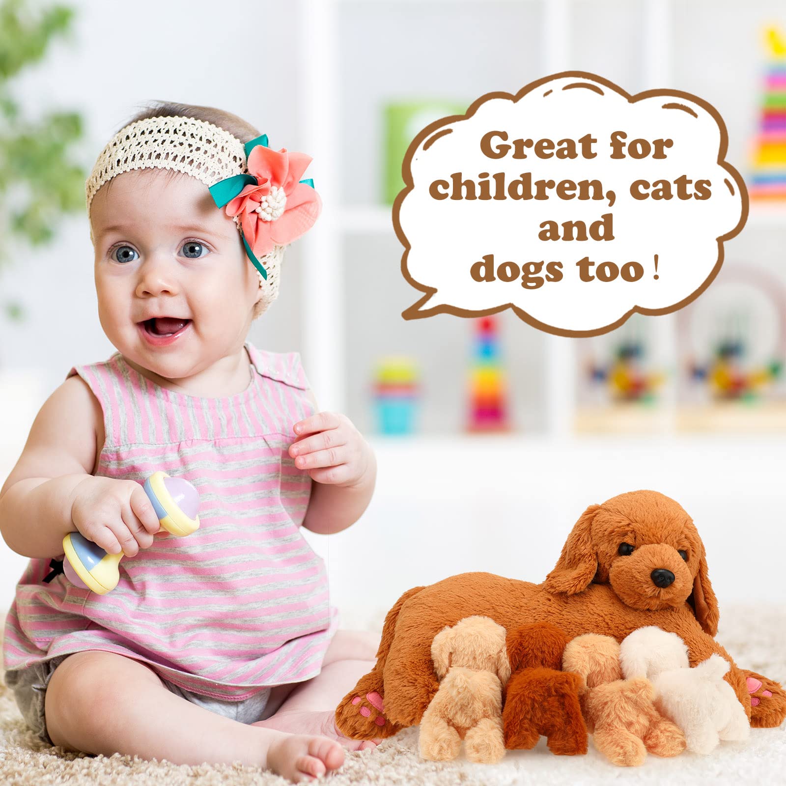 Magnets on mother belly and puppy noses invite interactive bonding moments