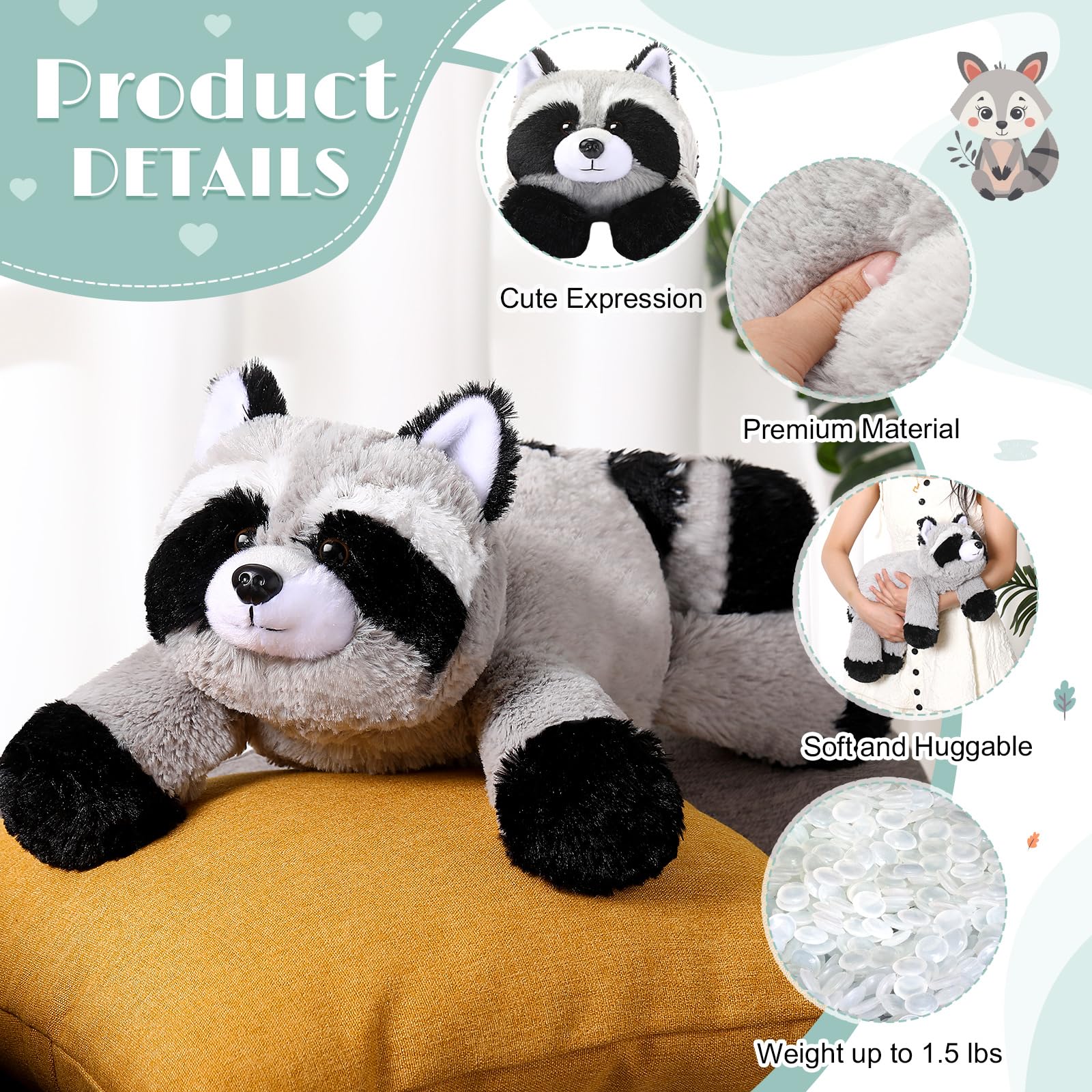 HyDren weighted raccoon plush as a comforting body pillow for lounging.