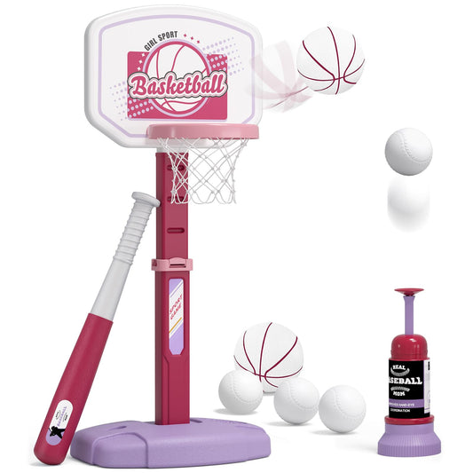 HYES 2-in-1 pink basketball hoop ready for indoor or outdoor use.