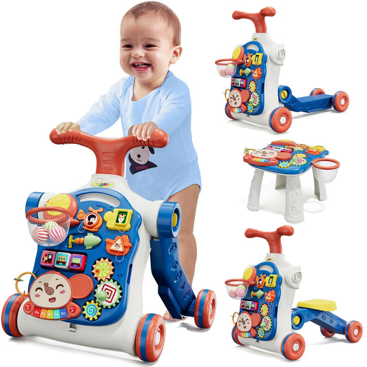 HYES 5-in-1 baby push walker in blue showing its multi-mode design for early movement.
