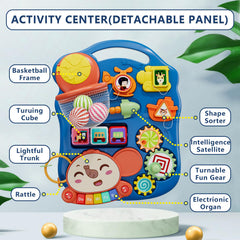 HYES blue activity center panel with balls and blocks for learning and play.