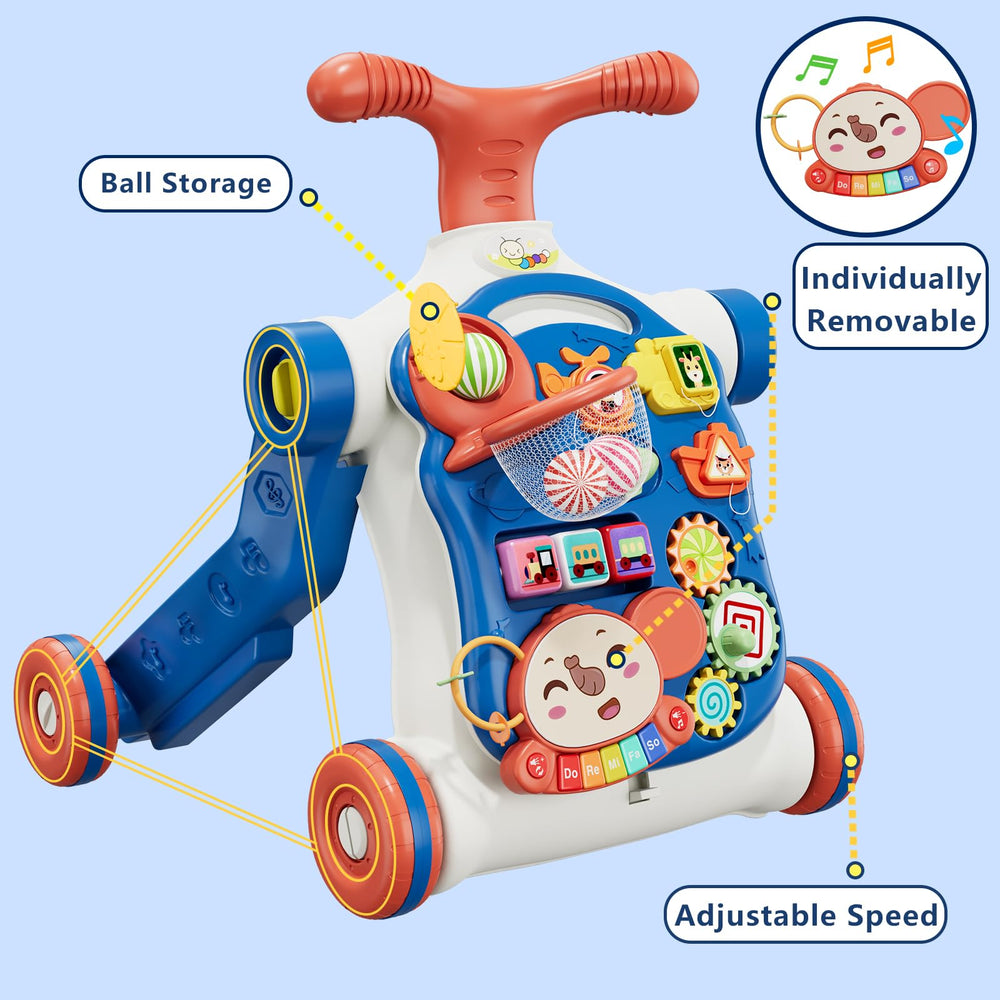 HYES blue walker features adjustable speed control for growing walkers.