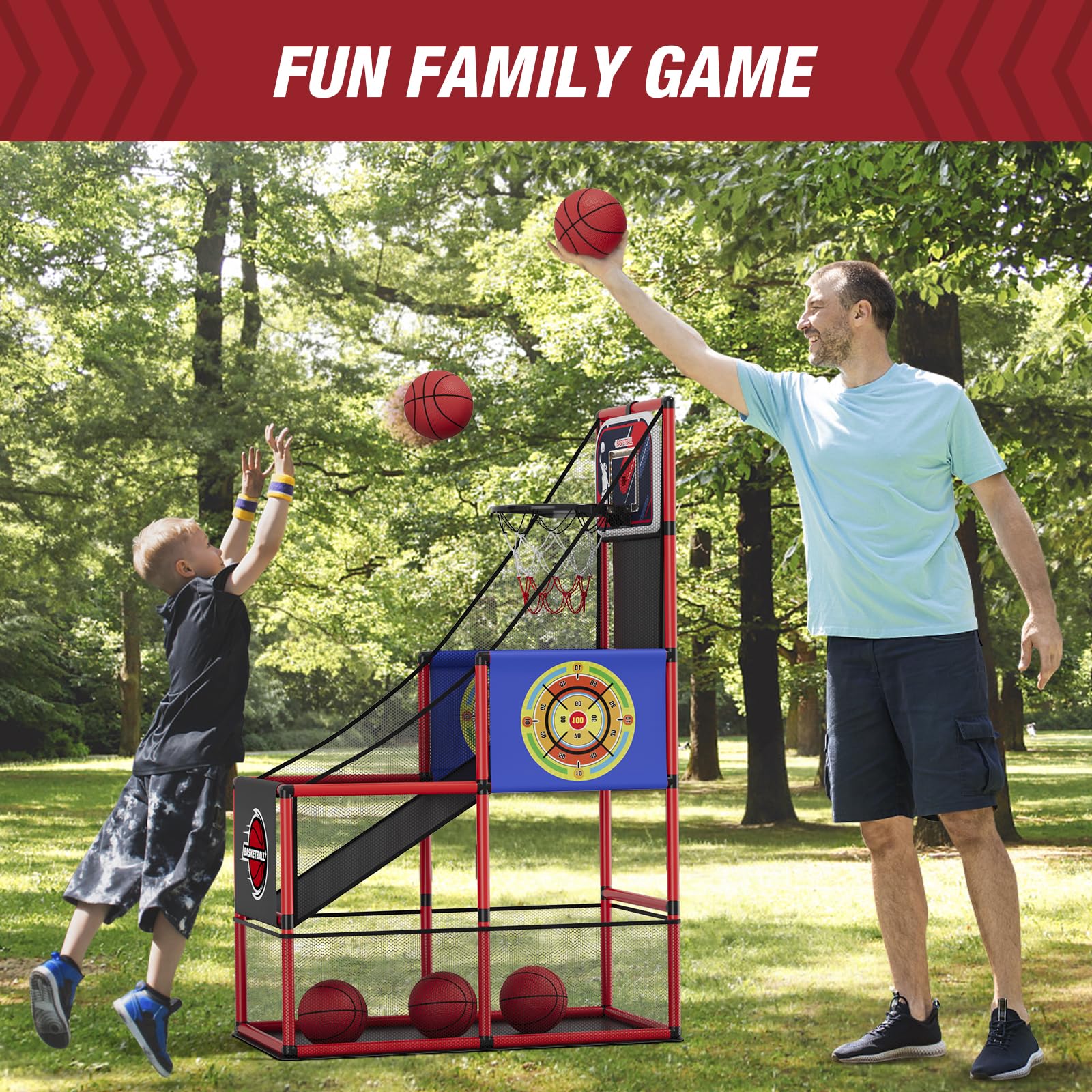 HYES Arcade basketball game set includes pump and 4 balls for quick setup