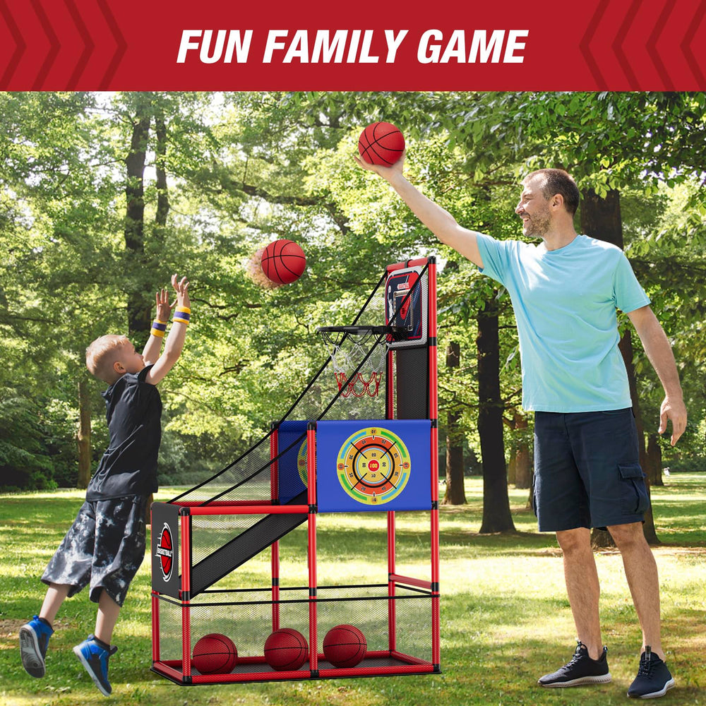 HYES Arcade basketball game set includes pump and 4 balls for quick setup