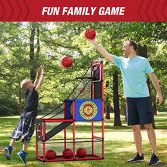 HYES Arcade basketball game set includes pump and 4 balls for quick setup