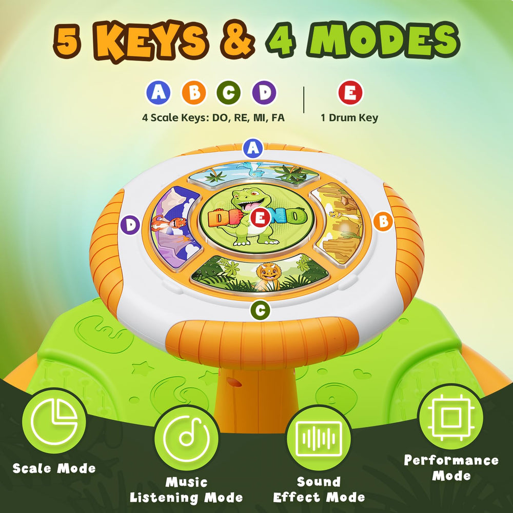 HYES Dinosaur Sit and Spin handle enables safe, adjustable rhythm creation.