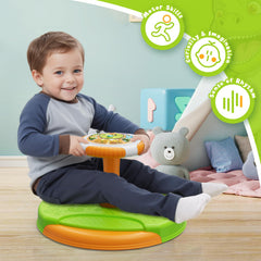 HYES Dinosaur Sit and Spin battery compartment powers lights and sound effects.