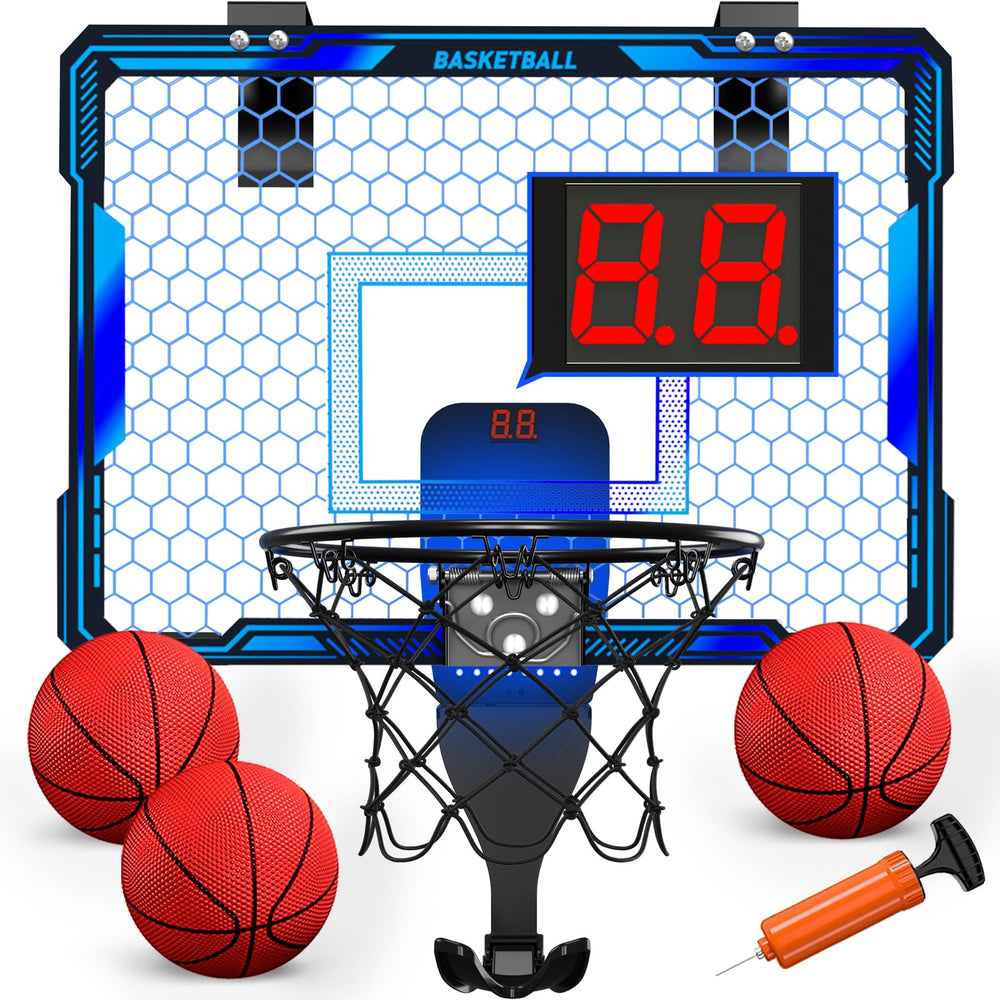 HYES indoor basketball hoop with blue LED rim for vibrant play