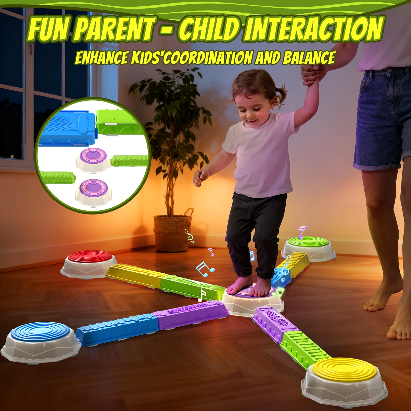 HYES Interlocking Stones light up with colorful cues to encourage movement.
