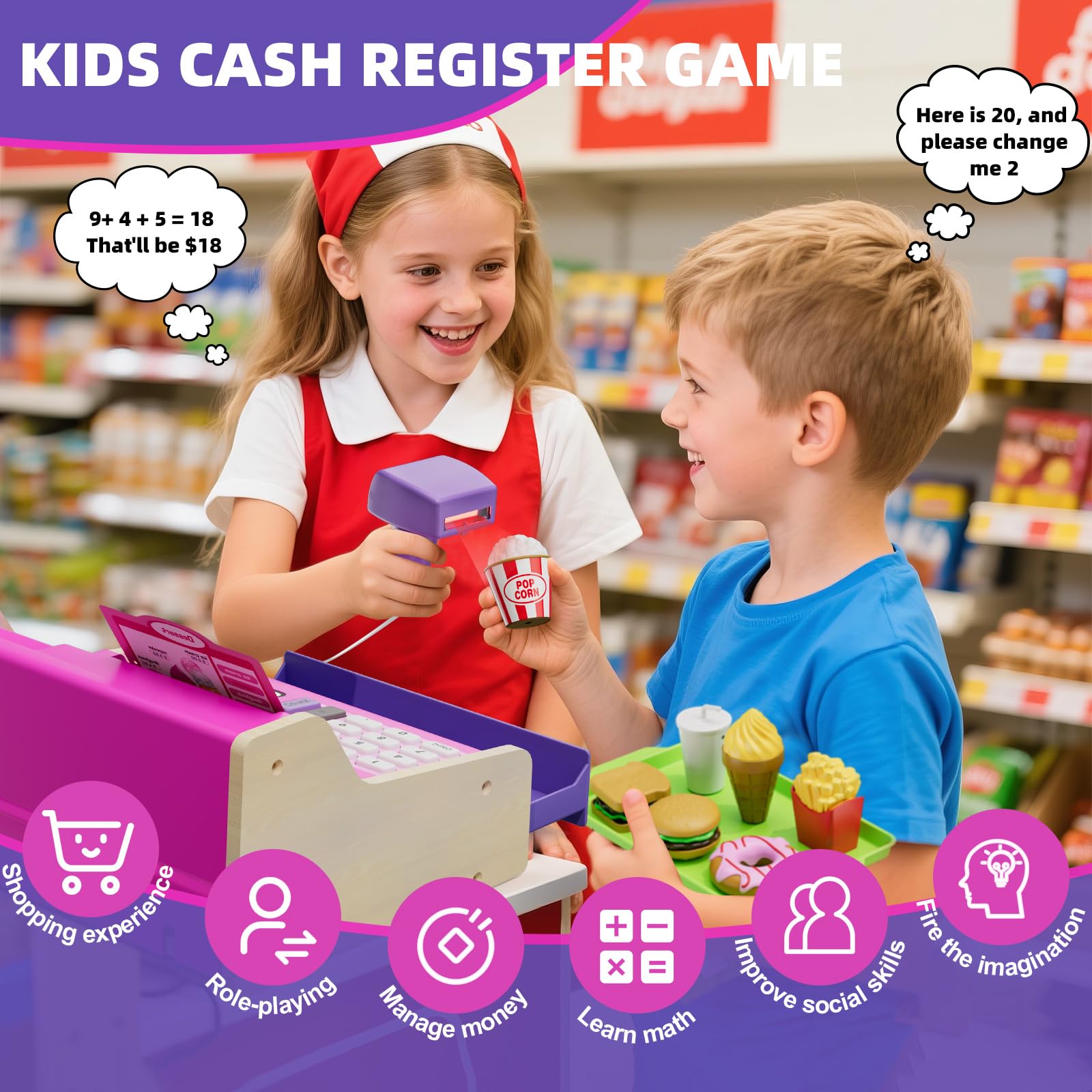 HYES LED scanner and beep sounds enhance checkout pretend play.