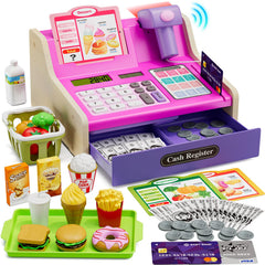 HYES pink cash register toy with LED scanner for realistic pretend shopping.