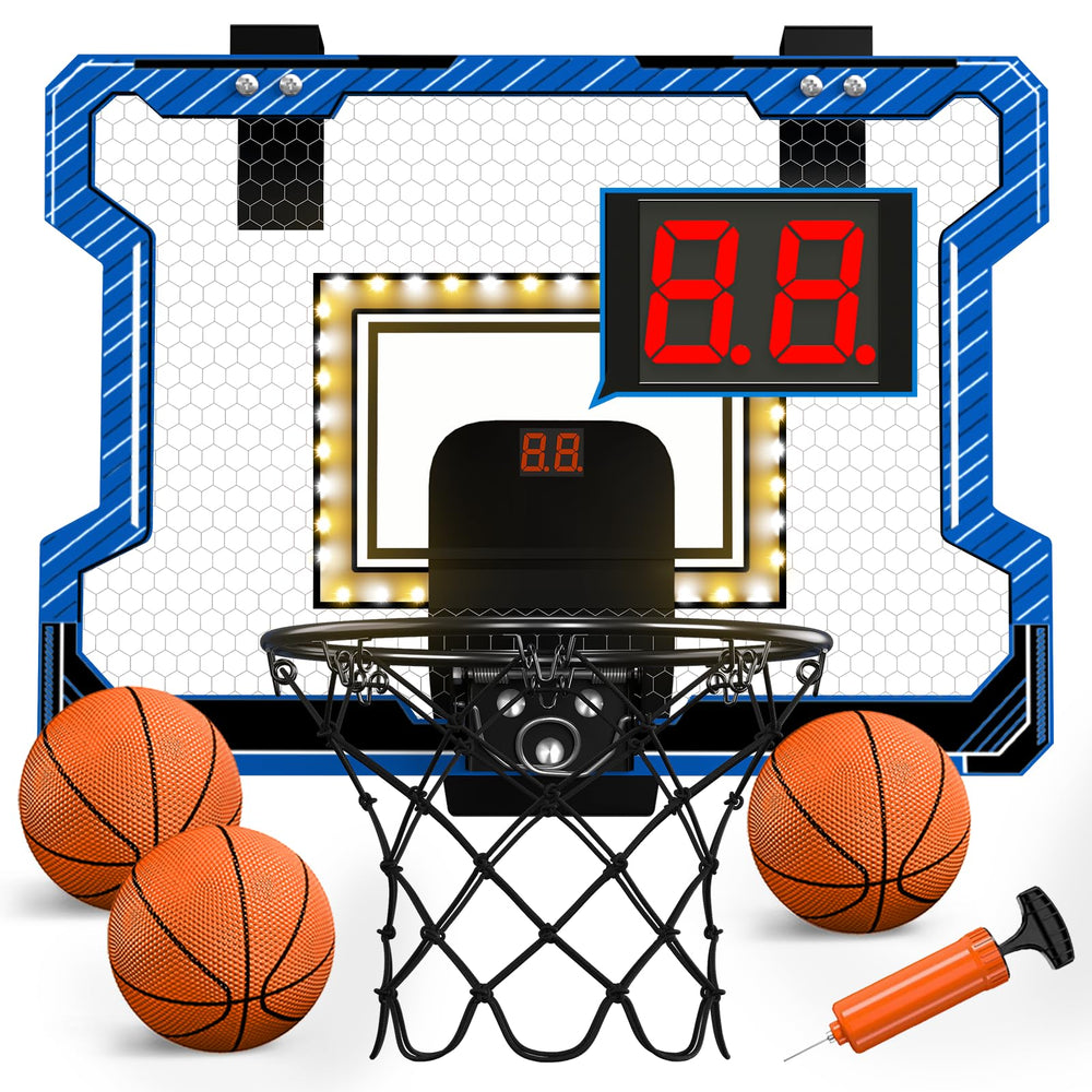HYES mini basketball hoop on door with LED scoreboard showing score and glow features