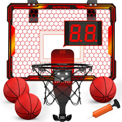 HYES Mini Basketball Hoop on door with LED lights for vibrant family play.