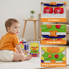 HYES Busy Board buckle area helps grip development and sequencing tasks.