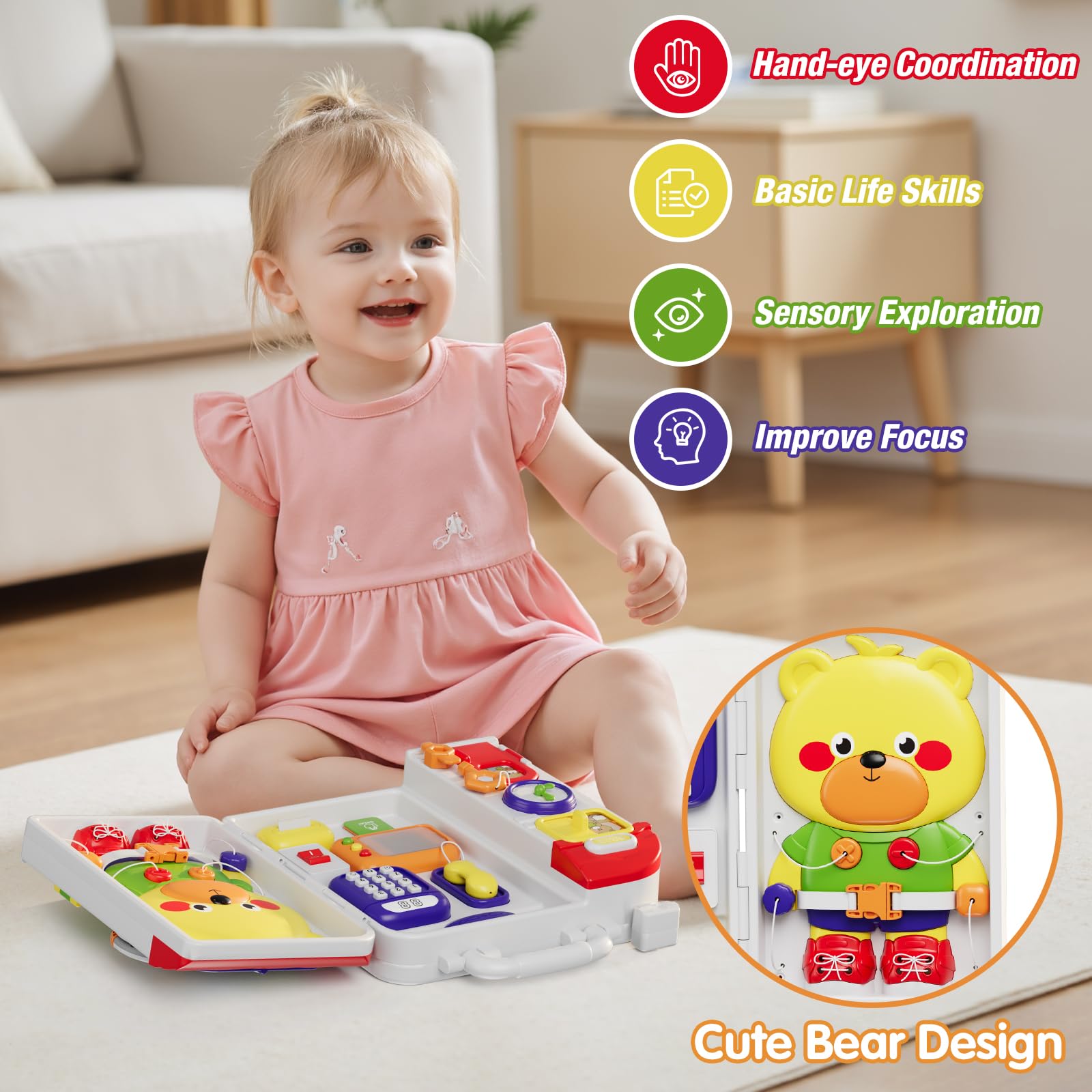 HYES Busy Board clock dial supports time perception via interactive practice.