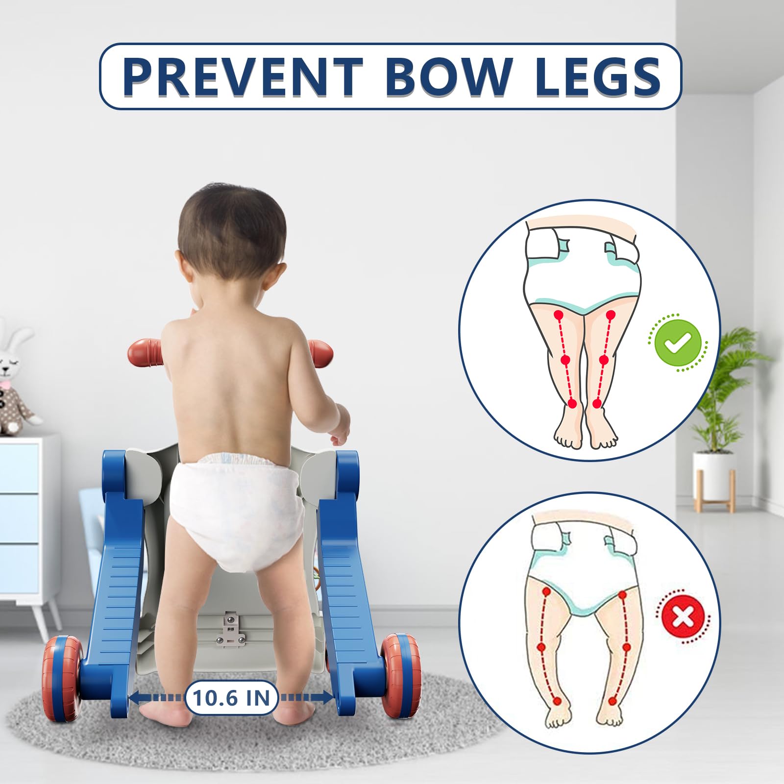 HYES blue push walker with removable piano keyboard for sensory exploration.