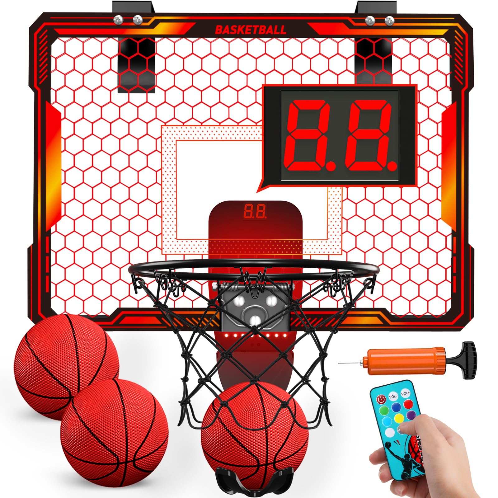 HYES remote-control basketball hoop over-door setup for instant play