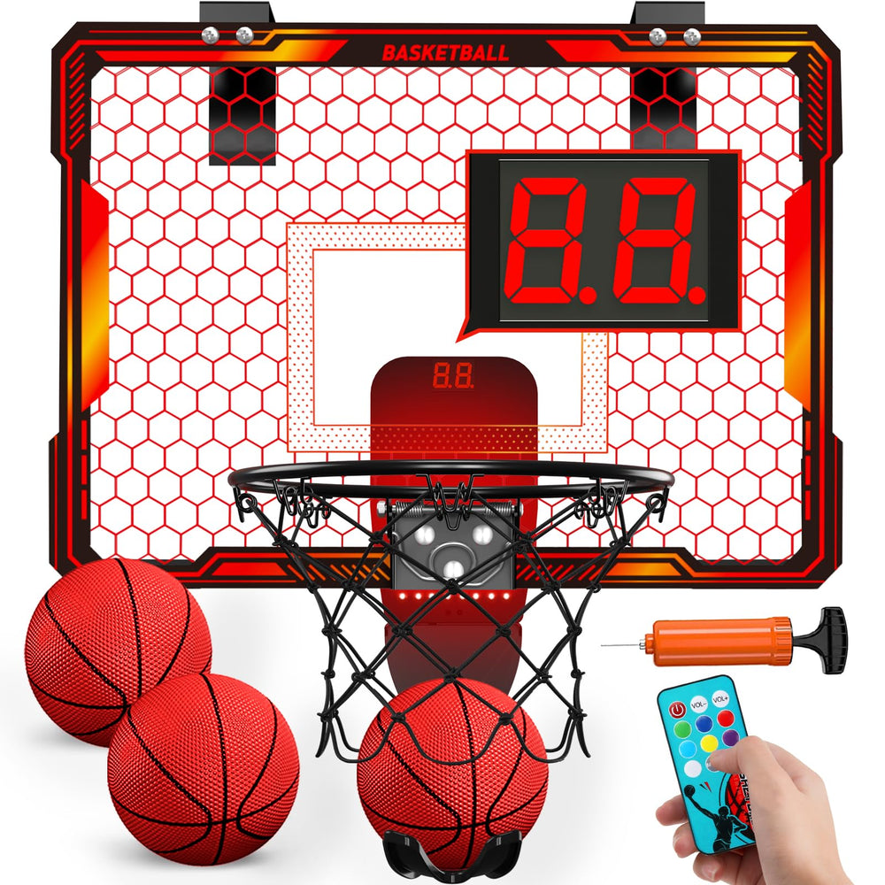 HYES remote-control basketball hoop over-door setup for instant play