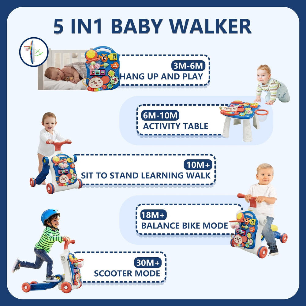 HYES blue push walker sit-to-stand panel ready for independent play.