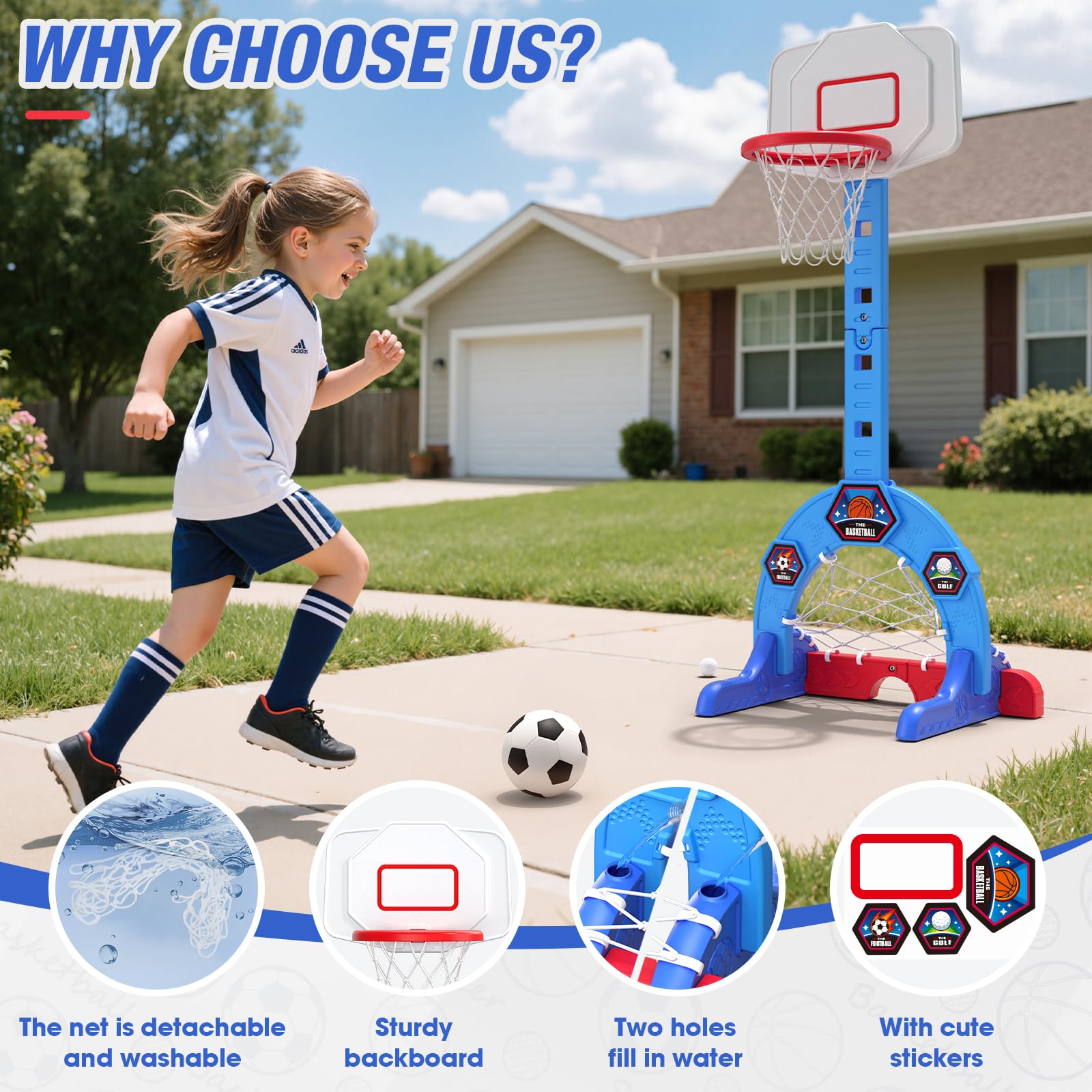 HYES 3-in-1 center combines basketball, soccer, and golf in one toy