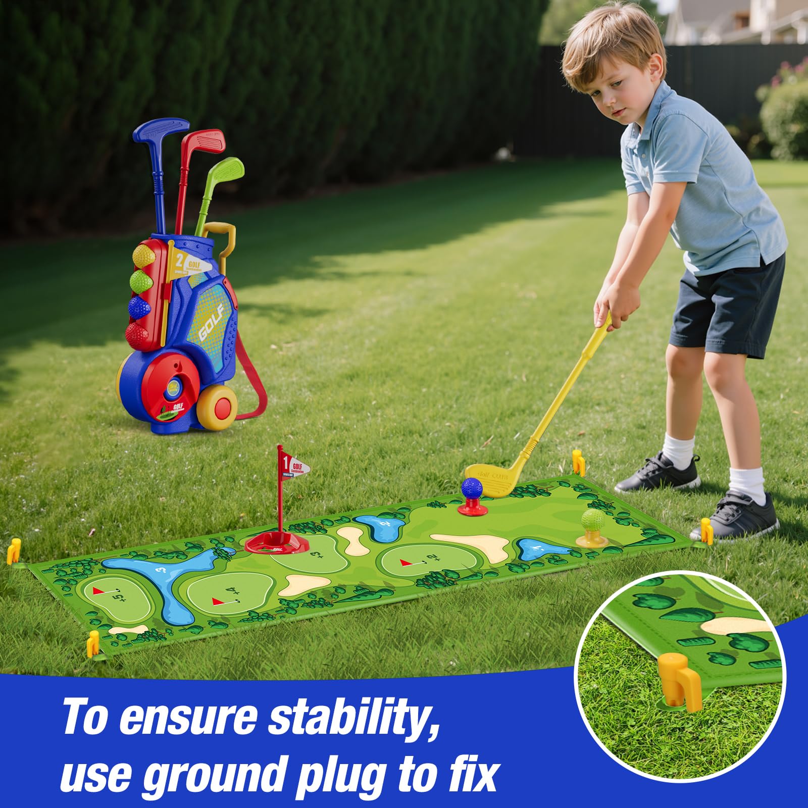HYES Toddler Golf Set base holes invite safe aiming on any surface.